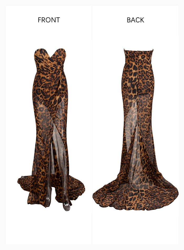 Brown Leopard Print Sexy Deep V-neck Off-the-shoulder Chiffon Slim Long Dress