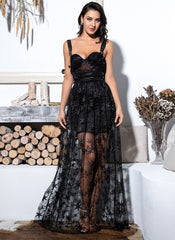 Sexy Black Sling Star Embroidery Sheer Mesh Long Dress For Women