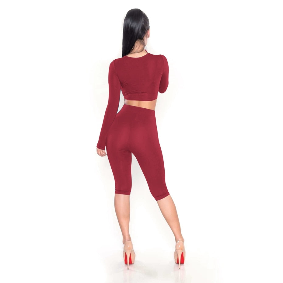 2 Piece Set Women Sexy Long Sleeve Top+Biker Shorts Track Suit Bodycon Tracksuit Casual Two Pieces Outfits Sweatsuit - Sheseelady