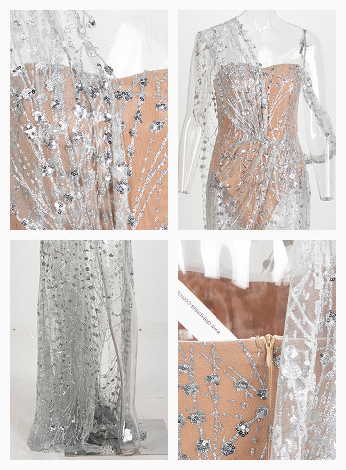Silver Charming Ladies' Cross Cut Out Straps Long Dress Made Of Glitter Glued Material