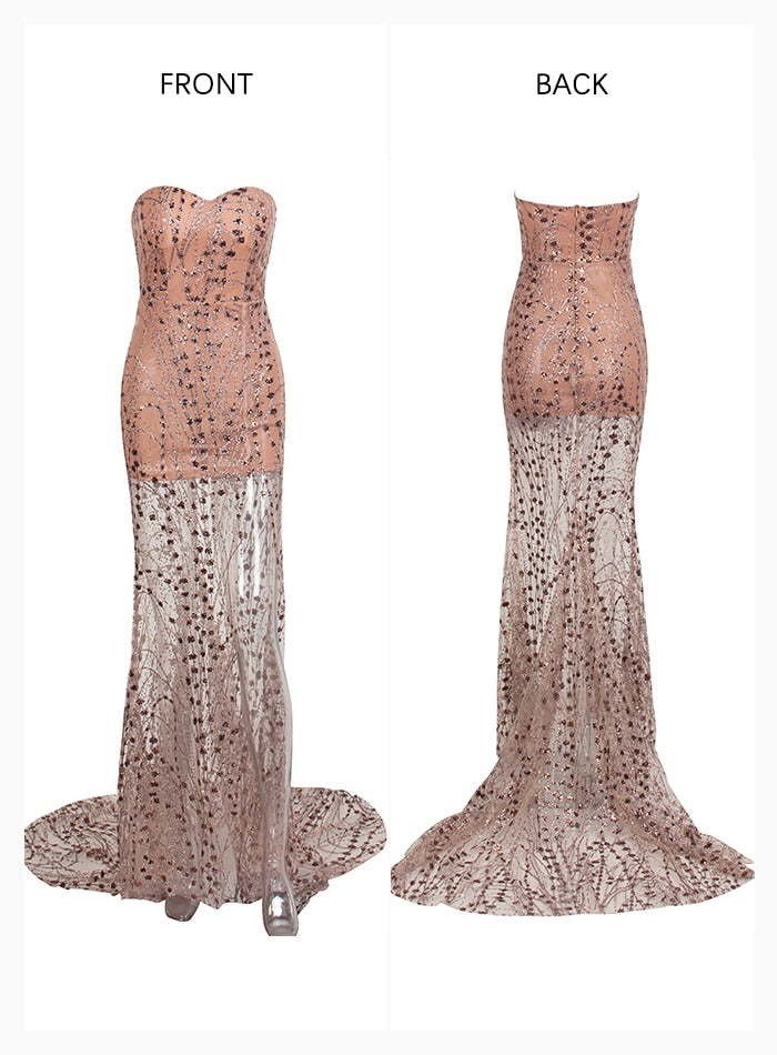 Sexy Gold Strapless Cut Out Geometric Element Glitter Material Maxi Dress For Ladies