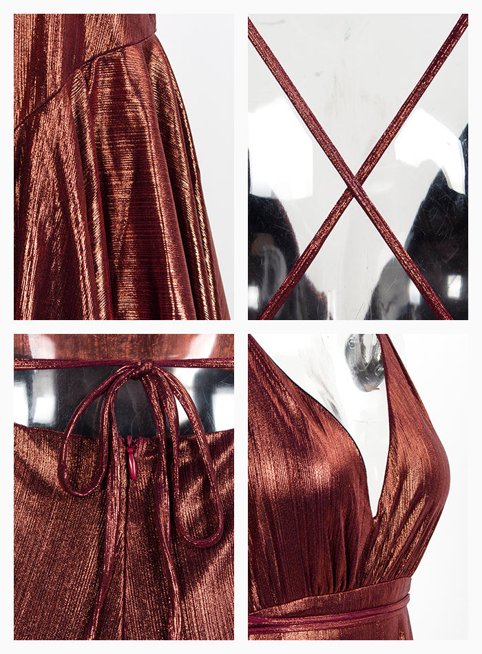 Sexy Brown Deep V-Neck Open Back High Waist Playsuit For Ladies