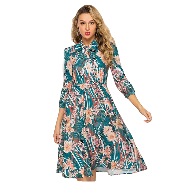 Leisure Floral Print Bow Stand Collar Lantern Sleeve Mid-Calf Dress For Female