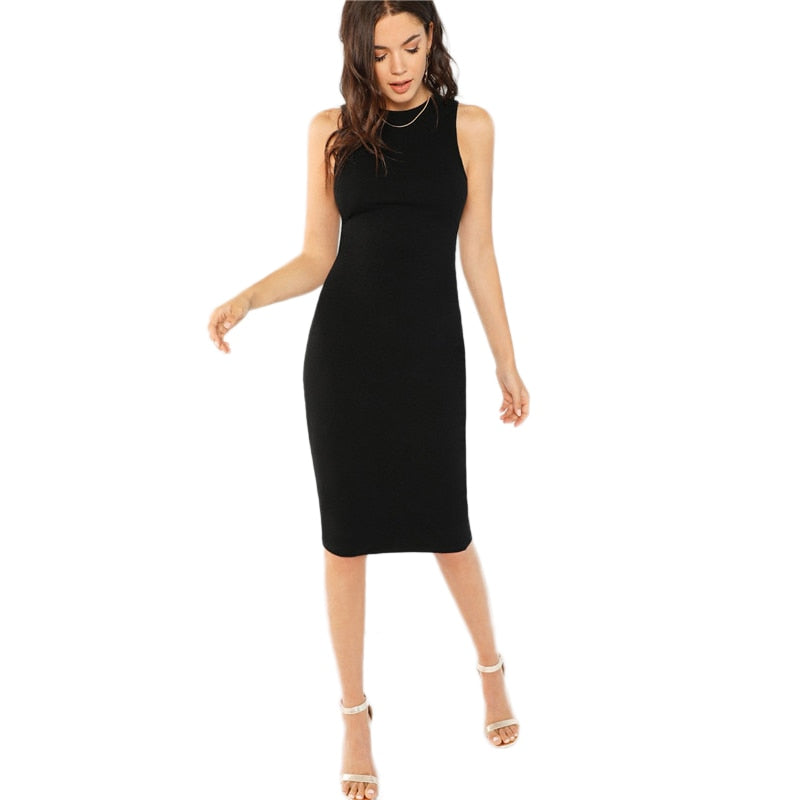 Black Bodycon Elegant Office Ladies Work Wear Dress Women Solid Sleeveless Knee Length Pencil Slim Midi Party Dresses - Sheseelady