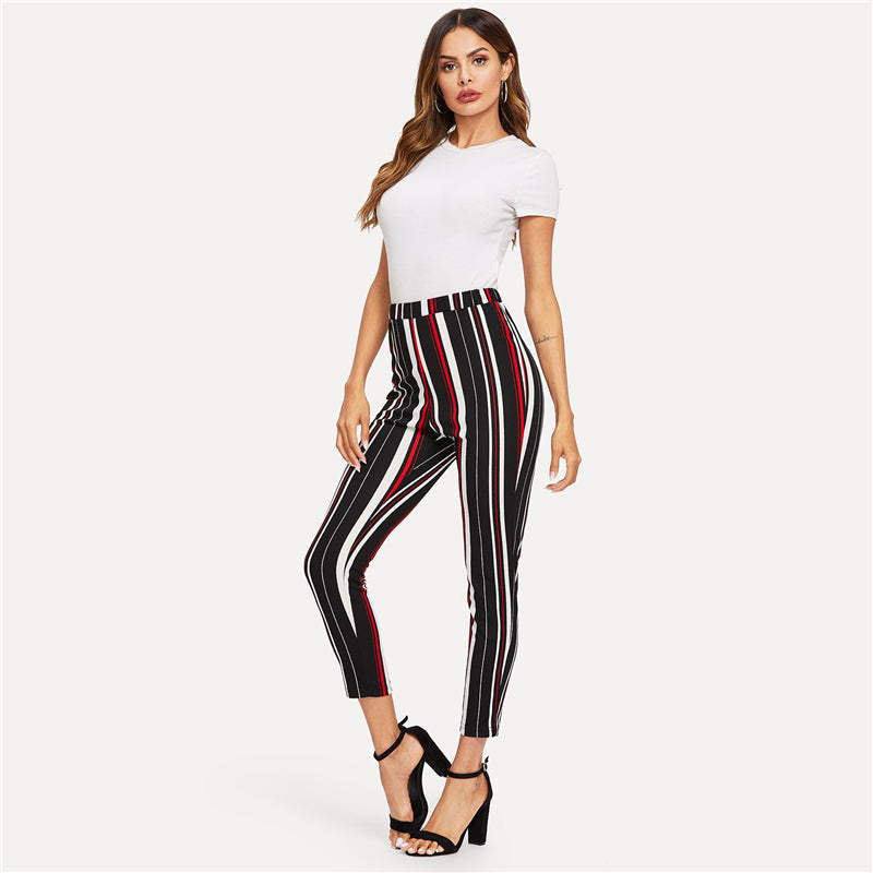 Elegant Stretch Knit Striped Pants Multi Color Waist Skinny And Capris For Women