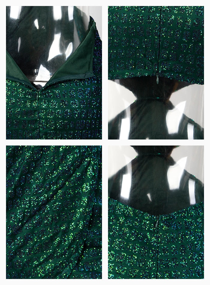 Sexy Green Deep V-neck Glitter Glued Material Slim Fit Party Dress For Ladies