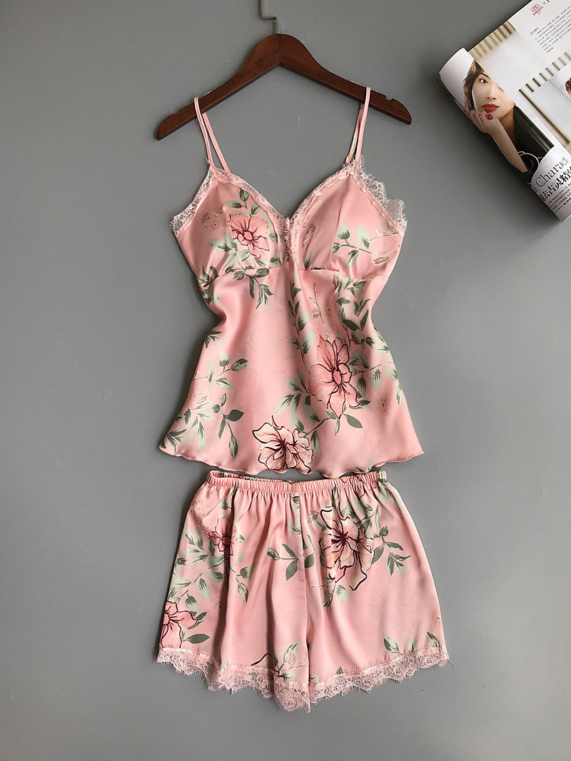 Summer Sexy Ladies' Floral Print Satin Sleepwear With Chest Pad
