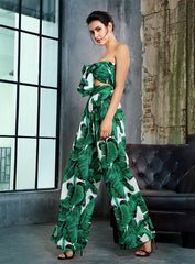 Casual Sexy Ladies' Leaf Print Sleeveless Strapless High Waist Outfit Set