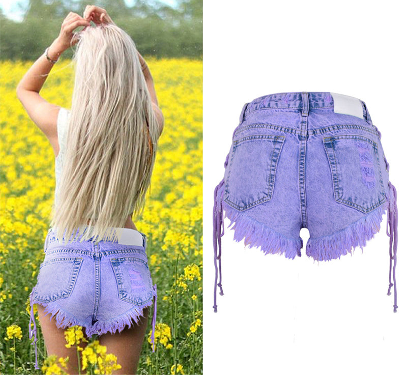 Highwaisted Mini Jeans Shorts Women Both Side Tie Mini Short Sexy Denim Shorts Jeans - Sheseelady