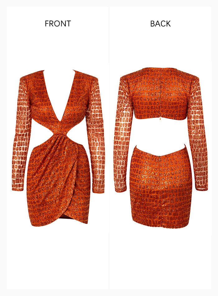 Sexy Orange Deep V-neck Open Back Slim Fit Party Dress For Ladies
