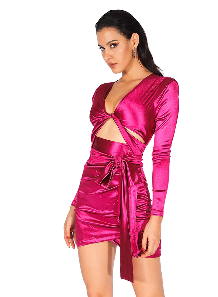 Sexy Deep V-Neck Cutout Shoulder Padded Rose Red Slim-Fit Party Dress For Females