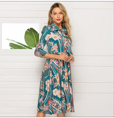 Leisure Floral Print Bow Stand Collar Lantern Sleeve Mid-Calf Dress For Female