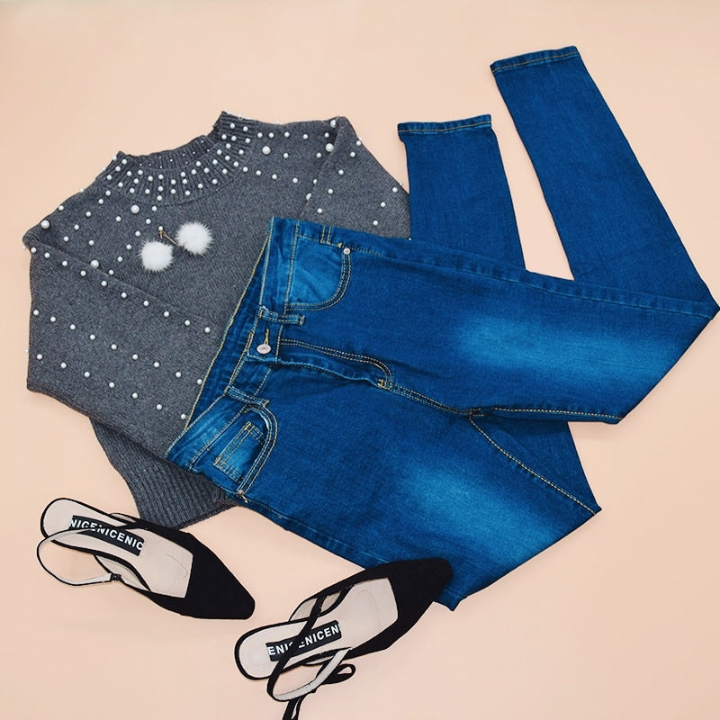 Casual Blue Dark Skinny High Waist Button Fly Denim Jeans For Women - Sheseelady