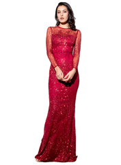 Crimson Round Neck Long Sleeve Perspective Back Glitter Glued Material Maix Dress