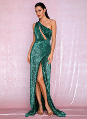 Sexy Ladies' One-shoulder Cross Cutout Slit Sequin Maxi Dress For Autumn/Winter Green