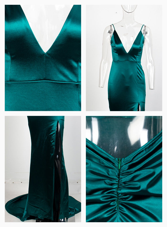 Green Sexy Deep V-Neck Hollow Out Open Back Bodycon Sling Long Dress For Ladies