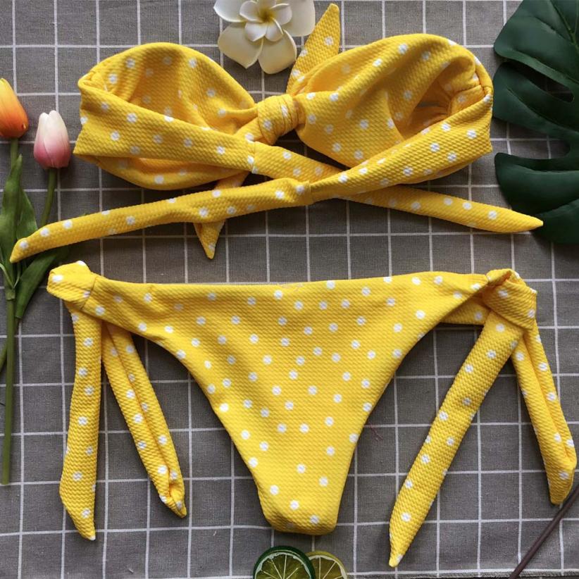 Sexy Women's Bow Padded Push Up Bikini Set With Dot Printed