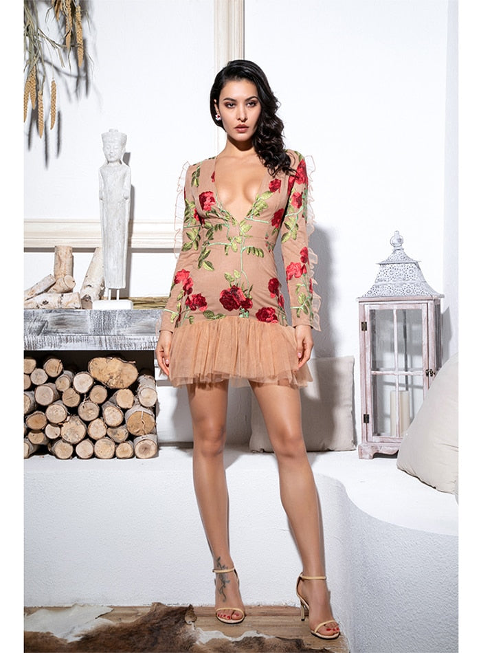 Sexy Deep V-Neck Ruffle Trim Mesh Fabric Long Sleeve Going Out Dress For Ladies