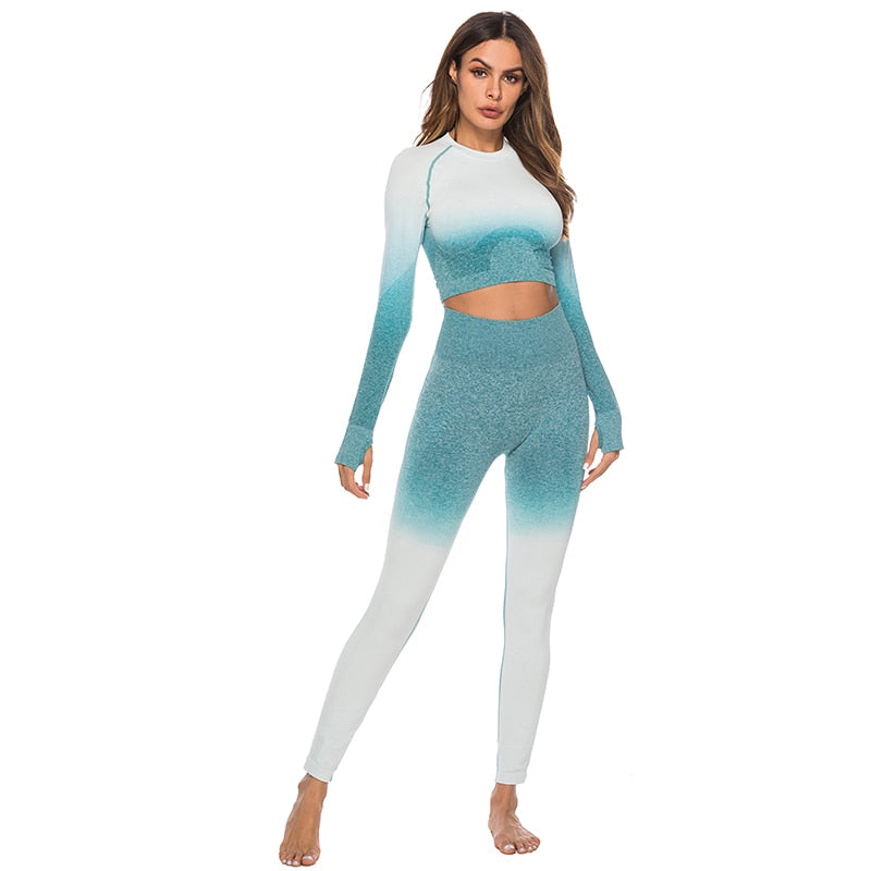 Fashion Fitness Leggings Ombre Seamless Crop Tops For Women Two Piece Set Sportswear Sweatshirt Tracksuit Women Sets - Sheseelady