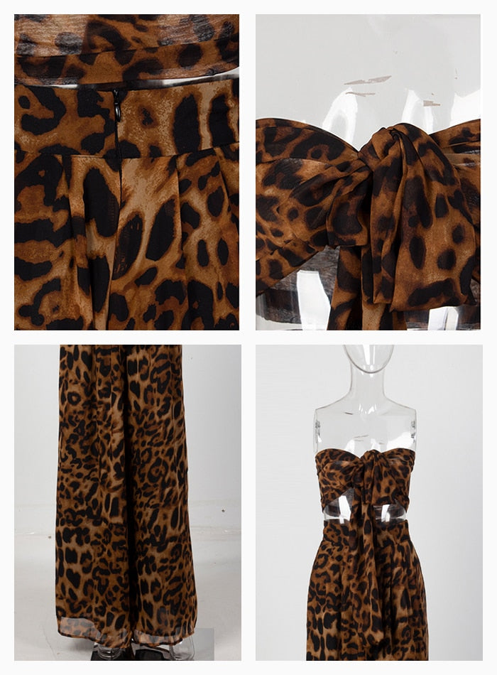 Sexy Ladies' Leopard Print Chiffon Cropped Tank & High Waist Wide Leg Pant Set