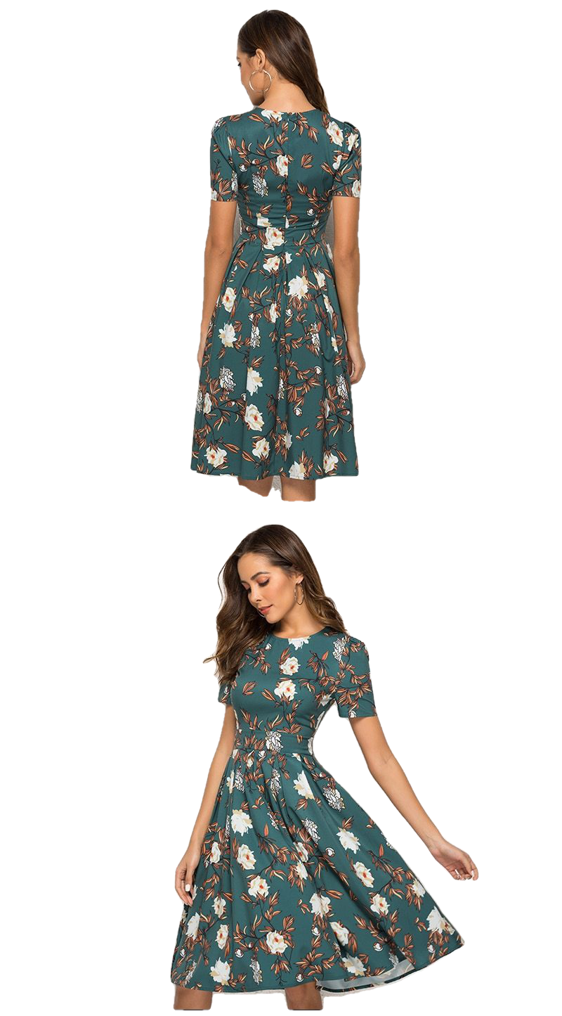 Summer Vintage O-Neck A-Line Floral Print Chic Short Dress For Female