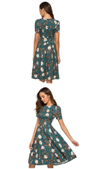 Summer Vintage O-Neck A-Line Floral Print Chic Short Dress For Female