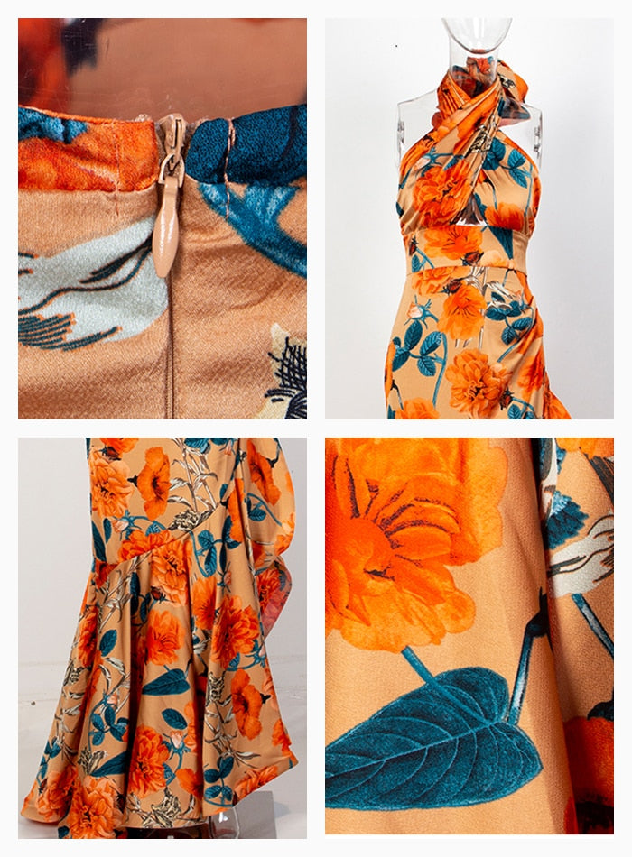 Sexy Orange Floral Print Cross Straps Backless Ruffled Maxi Dress For Ladies