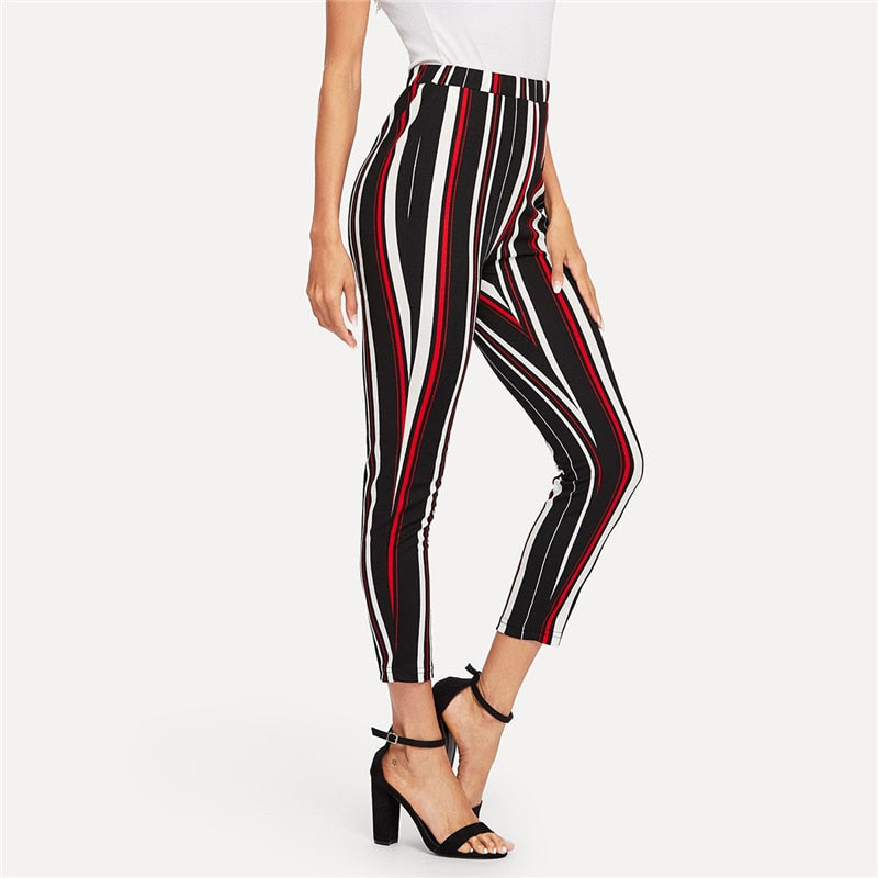 Elegant Stretch Knit Striped Pants Multi Color Waist Skinny And Capris For Women