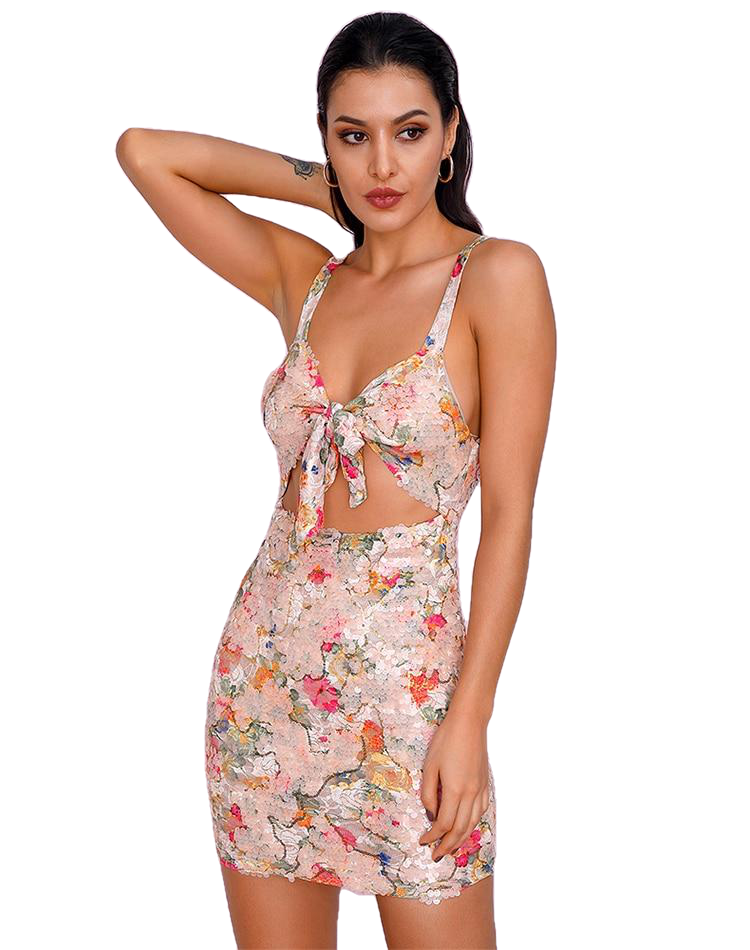 Sexy Women's Floral Print Cut Out Sequin Bodycon Mini Dress With Front Bow