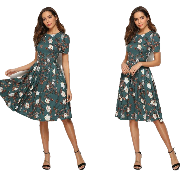 Summer Vintage O-Neck A-Line Floral Print Chic Short Dress For Female