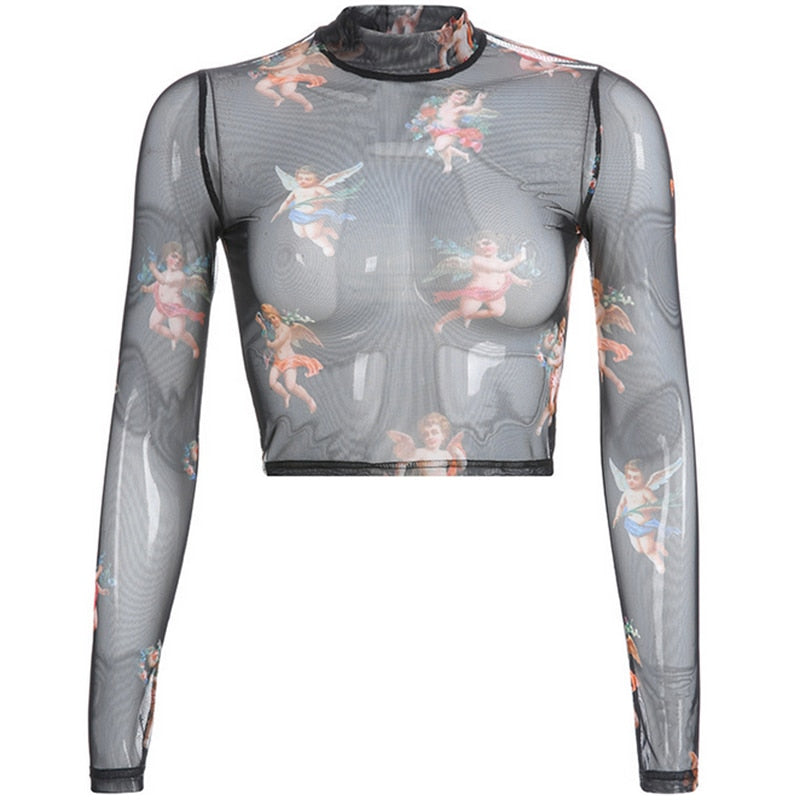 Sexy Women T Shirt See Through Transparent Mesh Tops Long Sleeve Sheer Slim Ladies Turtleneck T-Shirt New Arrival Women tshirt