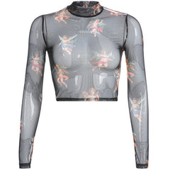 Sexy Women T Shirt See Through Transparent Mesh Tops Long Sleeve Sheer Slim Ladies Turtleneck T-Shirt New Arrival Women tshirt