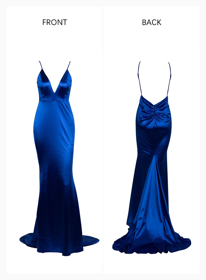 Sexy Flash Blue Deep V-Neck Open Back Slim Long Dress For Females