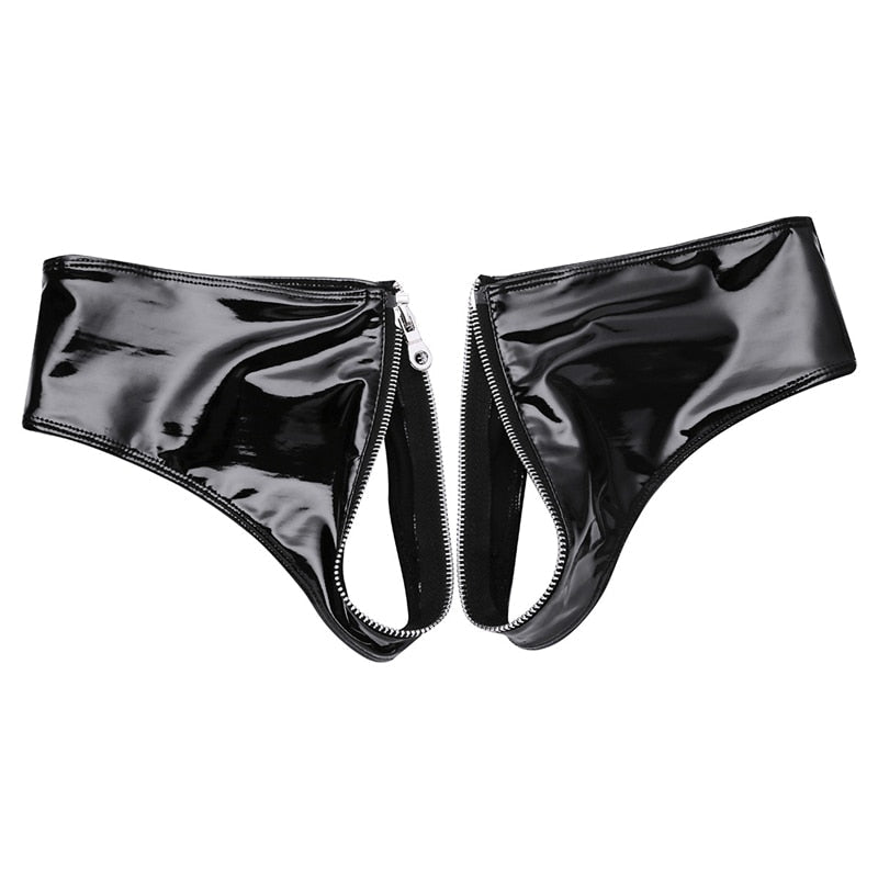 Fashionable Sexy Women's Zipper Open Crotch Leather Panties