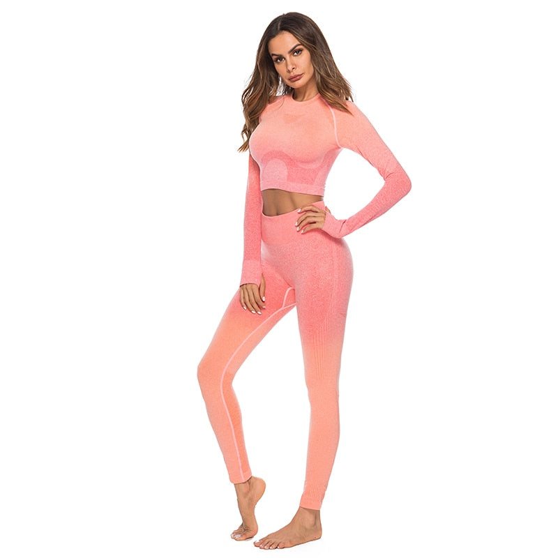 Fashion Fitness Leggings Ombre Seamless Crop Tops For Women Two Piece Set Sportswear Sweatshirt Tracksuit Women Sets - Sheseelady