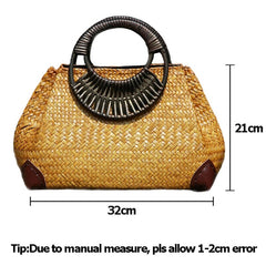 Women Straw Bags Handmade Vintage Wood Handle Bag