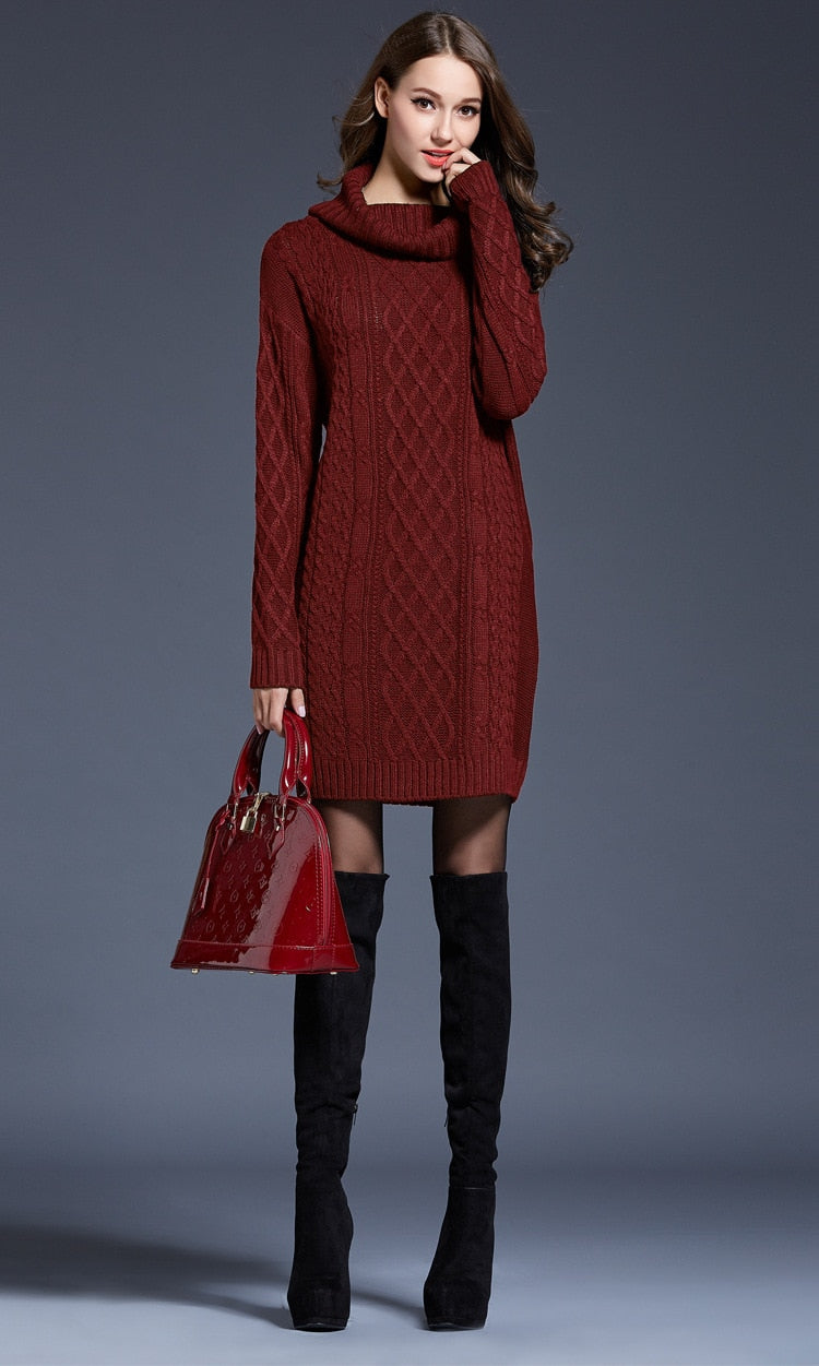 Casual Stylish Women's Long Sleeve Turtleneck Knit Wool Dress For Winter