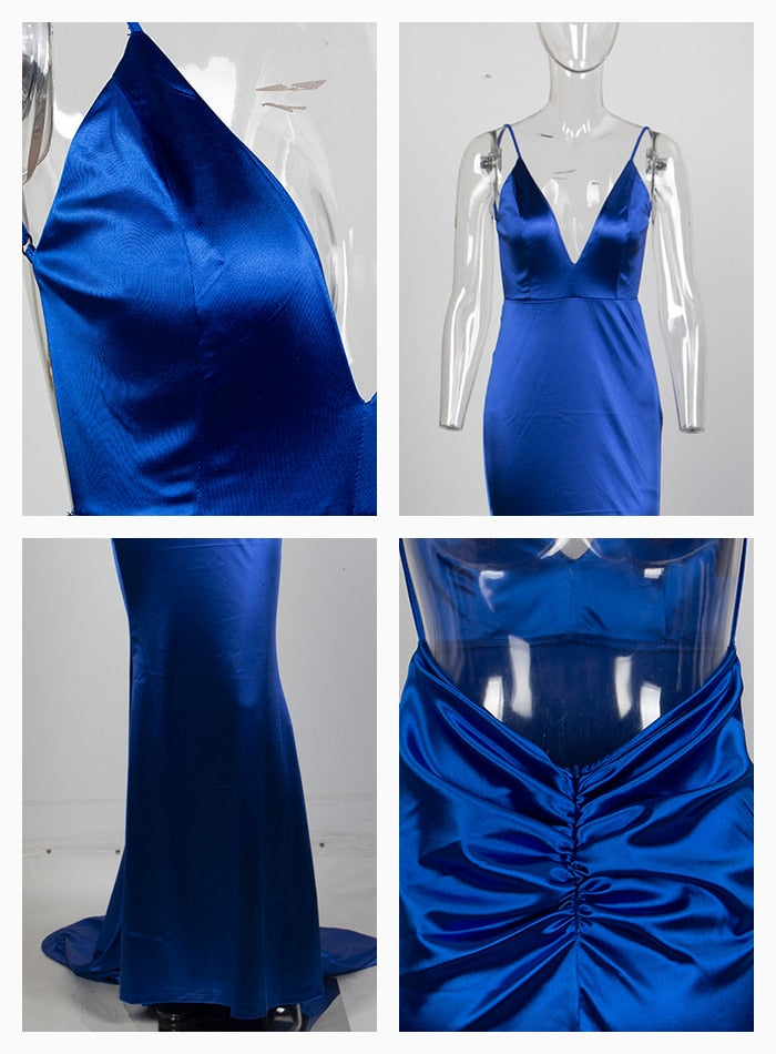 Sexy Flash Blue Deep V-Neck Open Back Slim Long Dress For Females