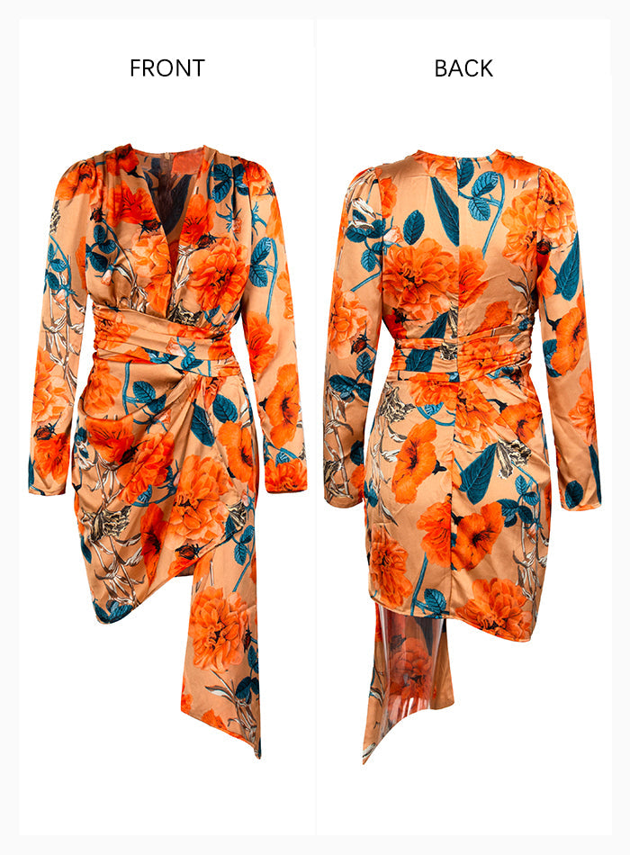 Orange Flower Print Sexy Deep V-Neck Puff Sleeve Ribbon Trim Fit Dress For Women