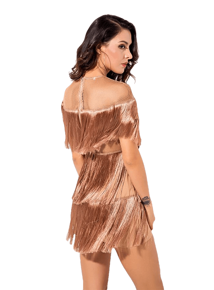 Female Sexy Nude Crewneck Off-the-shoudler Party Dress With Fringe