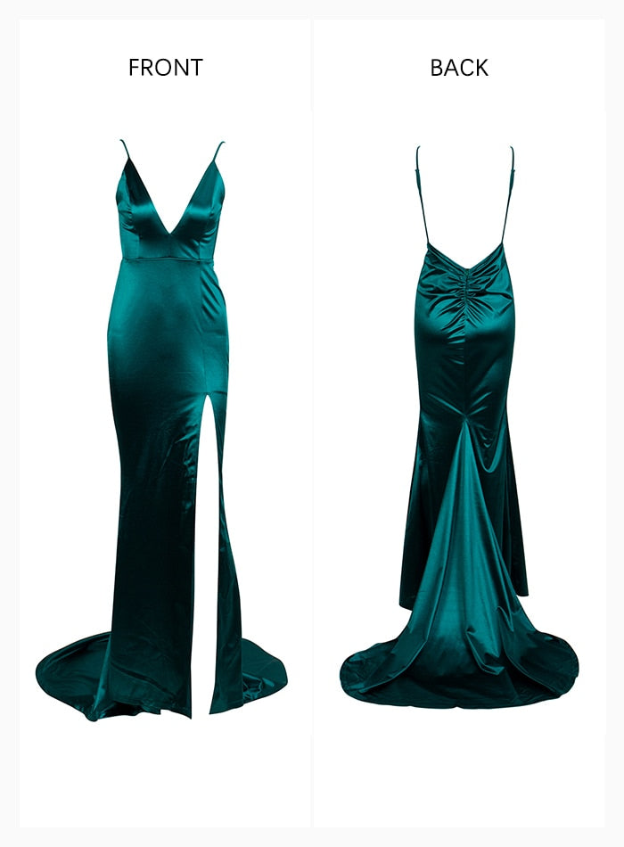 Green Sexy Deep V-Neck Hollow Out Open Back Bodycon Sling Long Dress For Ladies