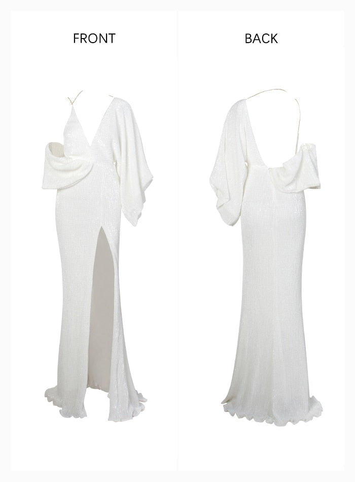 Sexy White Girls' V-neck Single Sleeve Split Maxi Dress With Sequins For Soiree