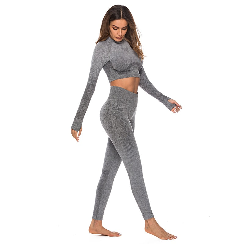 Fashion Fitness Leggings Ombre Seamless Crop Tops For Women Two Piece Set Sportswear Sweatshirt Tracksuit Women Sets - Sheseelady