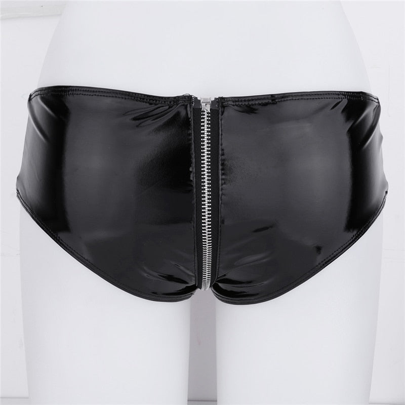Fashionable Sexy Women's Zipper Open Crotch Leather Panties