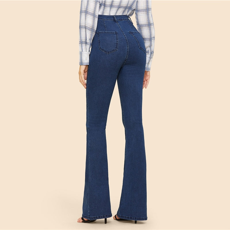 Vintage Ladies' Stretch Mid Waist Button-up Flared Denim Jeans Blue