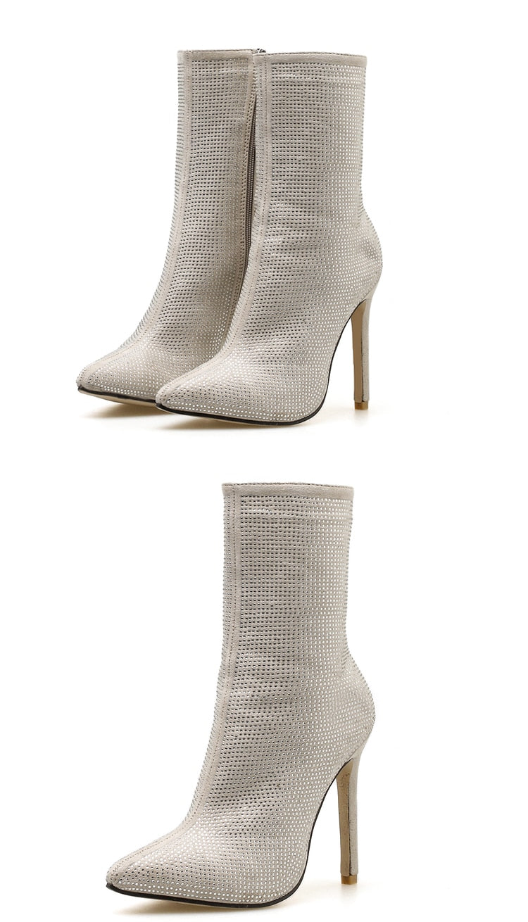 Trendy Sexy Women's Zipper High Heeled Boot With Rhinestones