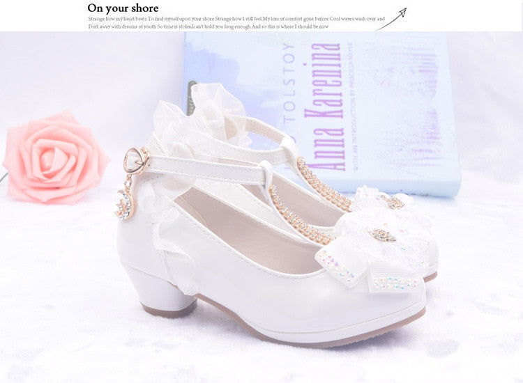Lovely Girls' Lace Flower Trim Low-heeled PU Princess Shoes For Dance Dress