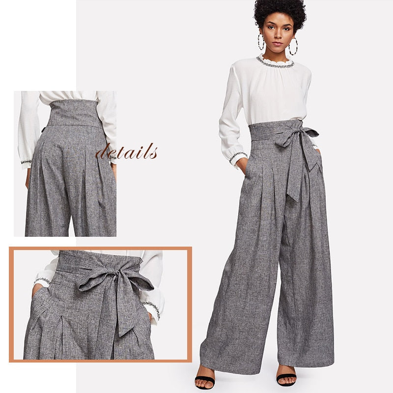 Elegant High Waist Self Belted Box Grey Loose Work Trousers Pants For Women'S