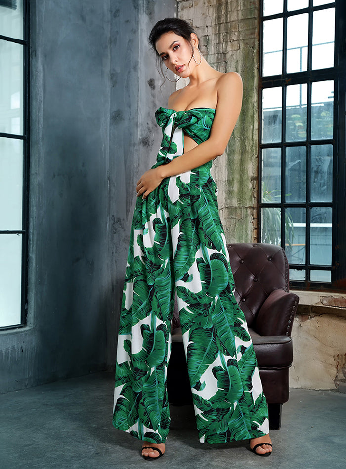 Casual Sexy Ladies' Leaf Print Sleeveless Strapless High Waist Outfit Set