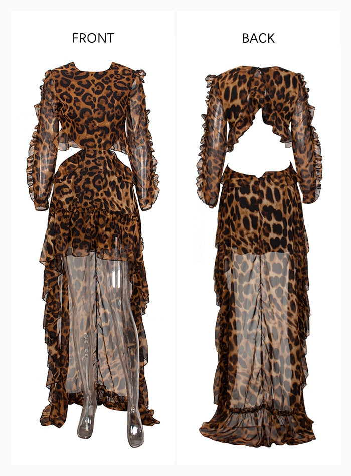 Leopard Print Sexy Cut Out Open Black O-Neck Chiffon Dress For Women
